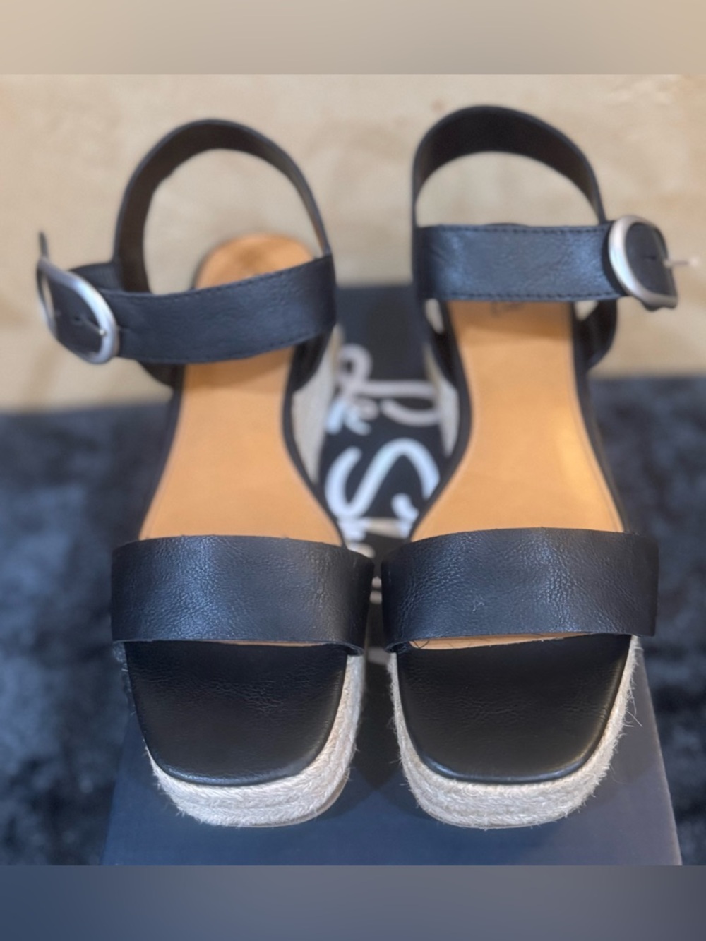 A.N.A Black Faux Leather Low Platform Sandals with Ankle Strap - Women's Size 7